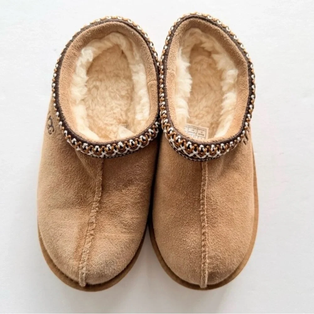 UGG Kids Chestnut Tan Suede Mule Slippers with Braided Trim